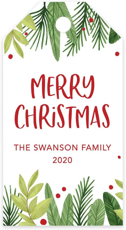 Andaz Press Personalized Christmas Holiday Season Classic Gift Tags, Merry Christmas Custom Family Name and Year, Holly and Berry Branches Design, for Holiday Events, Parties, and Favors, 60-Pack