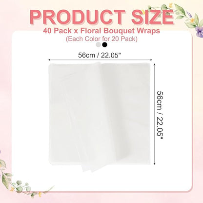 YELARXI Flower Wrapping Paper, Cotton Wrapping Flower Paper, Non-Woven Waterproof Floral Bouquet Wraps - Fitting for (Florist Supplies/Gift) 22 x 22 Inch & 40 Pack & White/Black