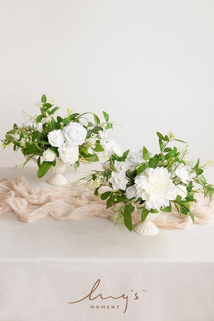 Ling's moment Green White Artificial Flowers with Vase Wedding Table Decor Bouquet Centerpiece Flower Potted for Ceremony Reception Desk Flowers Mantel Archway Aisle, Set of 2