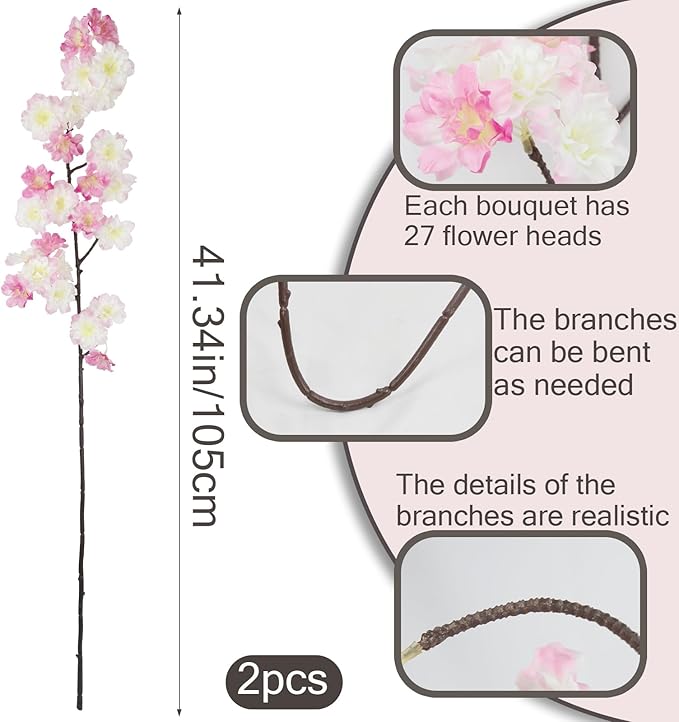 2 Pcs Artificial Cherry Blossom Flowers Branches Pink Faux Cherry Blossom Long Stem 41" Silk Cherry Blossom Tree Tall Fake Flower Arrangement for Home Wedding Centerpieces Spring Indoor Decor