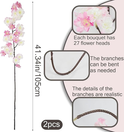 2 Pcs Artificial Cherry Blossom Flowers Branches Pink Faux Cherry Blossom Long Stem 41" Silk Cherry Blossom Tree Tall Fake Flower Arrangement for Home Wedding Centerpieces Spring Indoor Decor