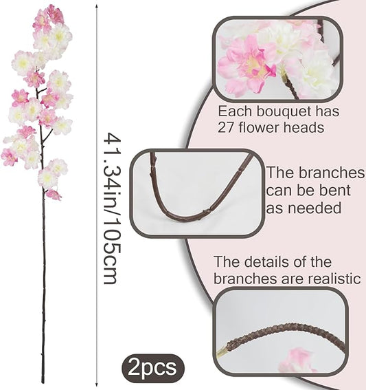 2 Pcs Artificial Cherry Blossom Flowers Branches Pink Faux Cherry Blossom Long Stem 41" Silk Cherry Blossom Tree Tall Fake Flower Arrangement for Home Wedding Centerpieces Spring Indoor Decor