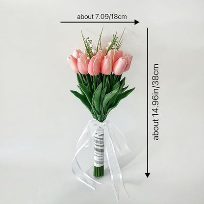 Artificial Floral Tulip Bouquet 20pcs Artificial Tulip Flowers,Bridesmaid Bouquet with Wedding Ceremony Festivals Anniversary Bridal Rehearsal Party Bar Table Decor (Pink)