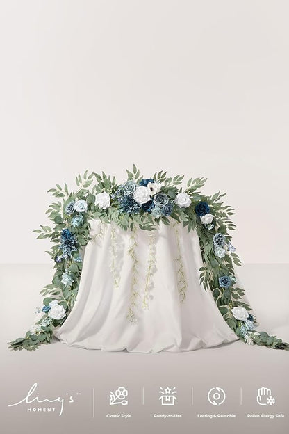 Ling's moment 9FT Spring Flower Garland- Wedding Arch Flowers for Backdrop Decoration, Eucalyptus & Rose, Artificial Floral Garland for Mantle - Sweetheart Head Table Decor for Reception, Dusty Blue
