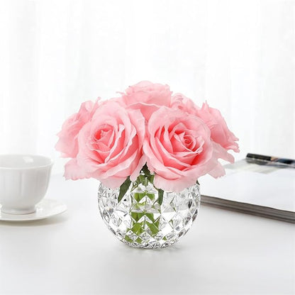 7 Large Stem Rose Artificial Flowers in Vase, Silk Flowers Arrangement in Round Glass Vase Without Water for Home Decor, Wedding Table (Pink)