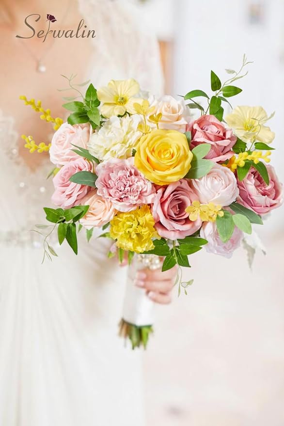 Serwalin Artificial Flowers,Pink Yellow Silk Fake Flowers Box for DIY Wedding Bridal Bouquet, Wedding Cake Flowers for Table Centerpieces Birthday Party Bridal Shower Home Decorations