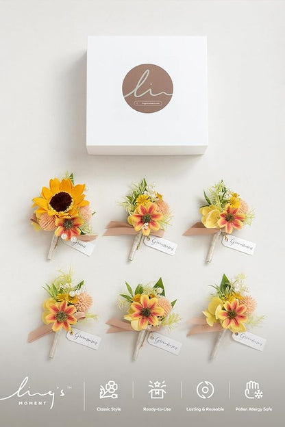 Ling's moment Boutonniere for Men, 6pcs Groom Groomsmen Boutonniere, Artificial Flowers for Wedding Decor/Prom/Homecoming, etc.Sunflower Yellow