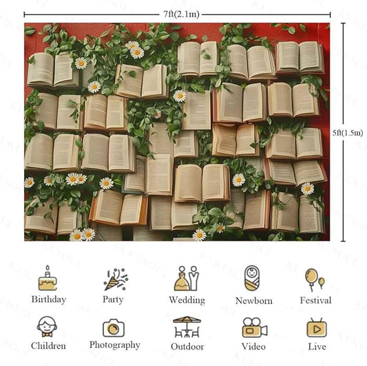 7x5ft Floral Book Backdrop Vintage Bookshelf Backdrop Books Flowers Wall Photography Background Girls Party Decorations Kids Newborn Birthday Baby Shower Photo Studio Props KUBYW006