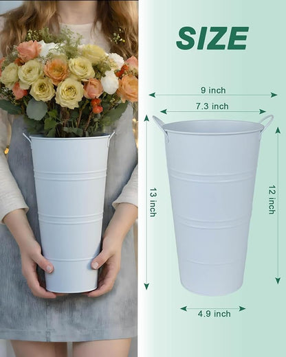 12 Inch Galvanized Metal Vases for Flowers - 2 Pcs Farmhouse Decorative Tall Flower Bucket with Handles, Rustic French Tin Planter Buckets for Wedding Decor (Pure White)