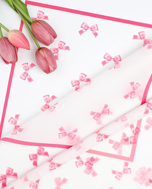 Liobelon 20 Sheets Flower Wrapping Paper Waterproof Bouquet Paper Bow Pattern Rose Pink Gift Wrapping Paper for Flower Shop, Wedding, Birthday Party, Handmade DIY, Anniversary 22.8 x 22.8Inch