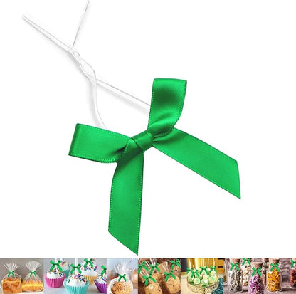 50 Pack Green Pretied Bows, 3" Satin Ribbon Twist Tie Bows for Treat Bags, Pre Tied Ribbon Bows Twist Tie for Crafts, Twist Bows Tied Bows with Wire for Gift Bags, Popcorn Bags, Candy Bags