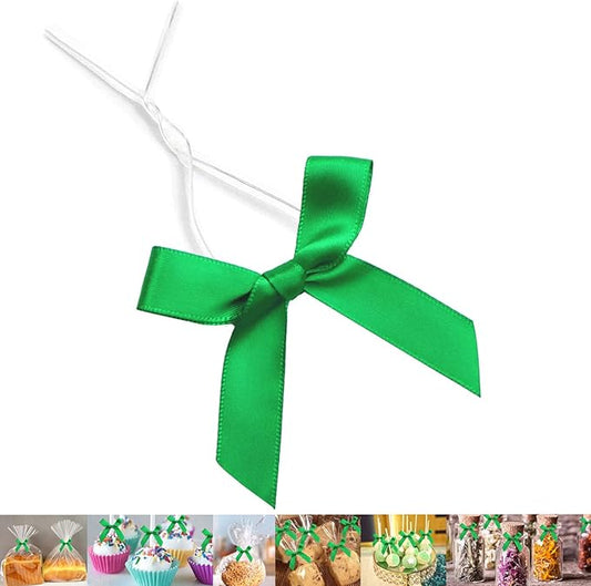 50 Pack Green Pretied Bows, 3" Satin Ribbon Twist Tie Bows for Treat Bags, Pre Tied Ribbon Bows Twist Tie for Crafts, Twist Bows Tied Bows with Wire for Gift Bags, Popcorn Bags, Candy Bags