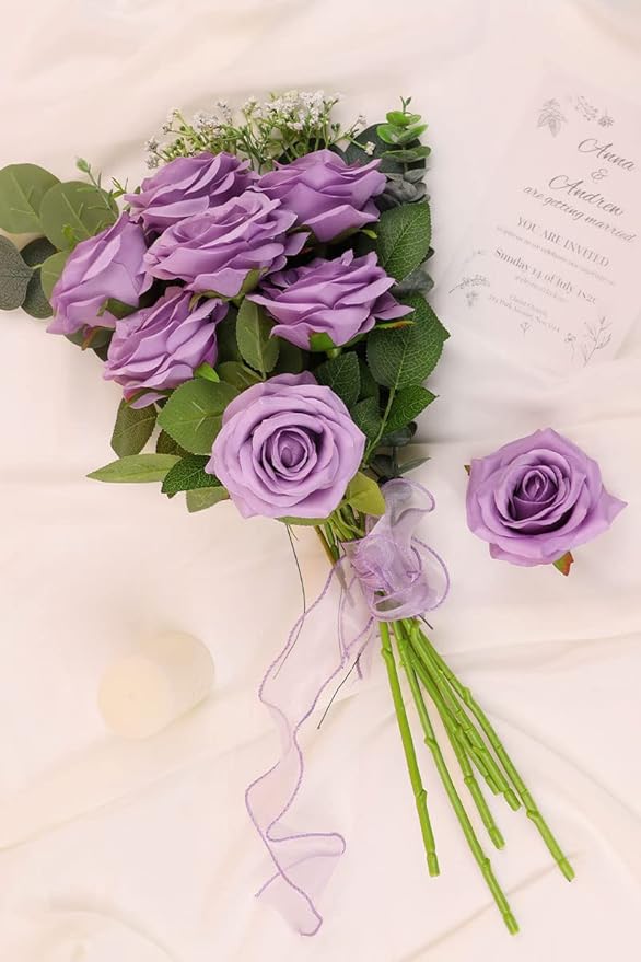 Artificial Rose Flower Lilac Flowers Lilac Roses Purple Rose Flowers Silk Flowers 12 pcs with Long Stem Silk Roses Bouquet for Wedding Bridal Shower Party Home Decoration