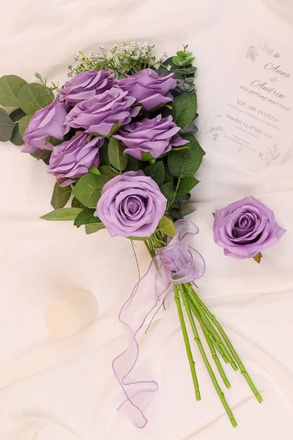 Artificial Rose Flower Lilac Flowers Lilac Roses Purple Rose Flowers Silk Flowers 12 pcs with Long Stem Silk Roses Bouquet for Wedding Bridal Shower Party Home Decoration