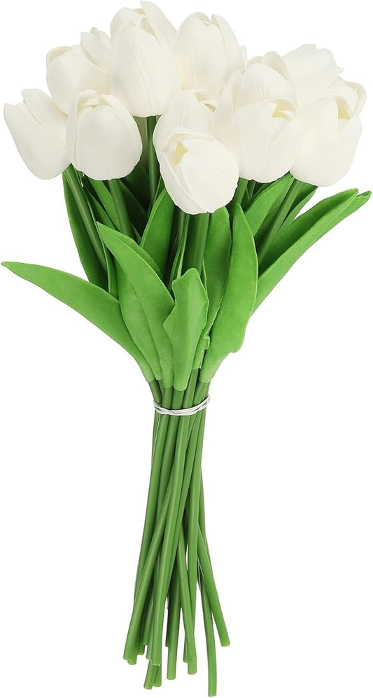 uxcell 20pcs Tulips Artificial Flowers, Faux Flowers Silk Fake Tulip Stems Real Touch for Wedding Bouquet Centerpiece Table Party Decoration(Pure White)