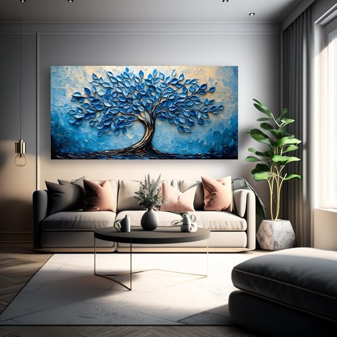LAVIKARS Modern Tree of Life Wall Art for Living Room Office Navy Blue Abstract Oil Landscape Canvas Painting Prints Large Nature Artwork Home Kitchen Bedroom Decor (20x40 Inches)