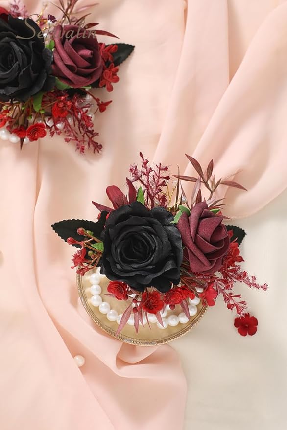 Serwalin Set of 2 Wrist Corsage for Wedding, 6-7inch Corsages Wristlet for Bridesmaid Mother Grandmother, Artificial Flowers for Prom Ceremony Anniversary, Black Burgundy
