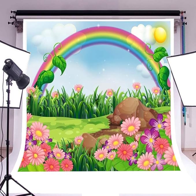 AOFOTO 8x8ft Cartoon Spring Flowers Rainbow Backdrop Meadow Sweet Floral Blossom Sky Sun Enchanting Garden Scenery Background for Kids Baby Shower Birthday Party Decor Wallpaper Photoshoot Props