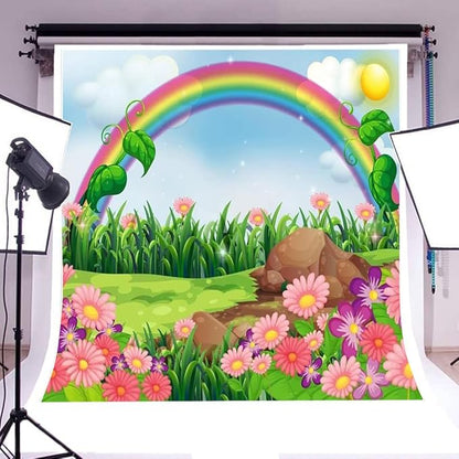 AOFOTO 10x10ft Cartoon Spring Flowers Rainbow Backdrop Meadow Sweet Floral Blossom Sky Sun Enchanting Garden Scenery Background for Kids Baby Shower Birthday Party Decor Wallpaper Photoshoot Props