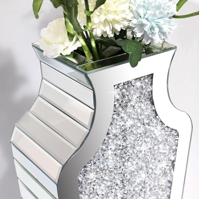 Floor Crushed Diamond Mirrored Vase 27" Tall, Crystal Silver Glass Decorative Mirror Large Size Luxury for Home Decor. Can't Hold Water.