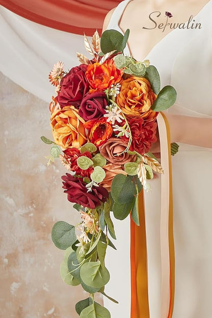 Serwalin 9.8 Inch Wedding Bouquets for Bride Bridesmaid, Orange Burgundy Dahlia Bridal Bouquets for Bride, Wedding Flowers Bouquet, Wedding Ceremony and Anniversary Decor