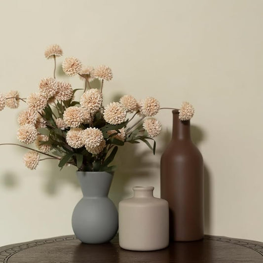 Ceramic Flower Vase Set of 3, Fake Flowers in Vase for Centerpieces with 8 Artificial Autumn Chrysanthemums Artificial Decorative Swags