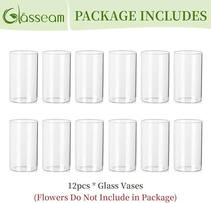 Glasseam Glass Cylinder Vases for Centerpieces, Small Clear Flower Vase Set of 12, Modern Floating Candle Vases Decor, Decorative Hurricane Candle Holders for Wedding Dining Table Decorations, 6in