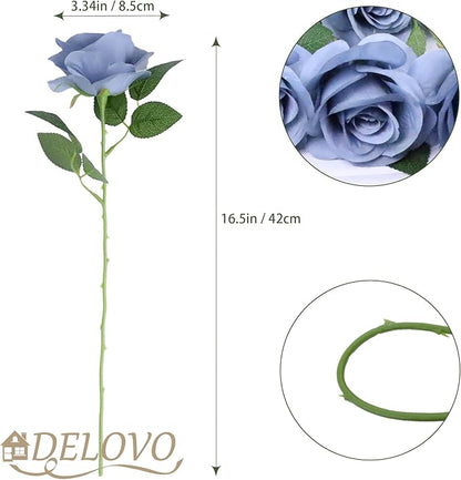 52pcs Dusty Blue Roses Artificial Flowers Fake Flowers Silk Roses with Stems for DIY Wedding Bouquets Bridal Shower Centerpieces Arrangements Party Decorations