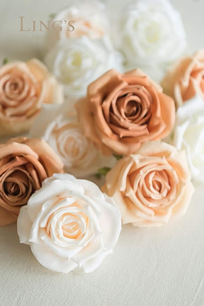 Ling's moment Artificial Flowers, 16pcs Burnt Orange Ombre Faux Silk Roses with Stems, 3.5" Fake Terracotta Flowers Bulk for DIY Wedding Bouquets Centerpieces Party Baby Shower Home Decoration
