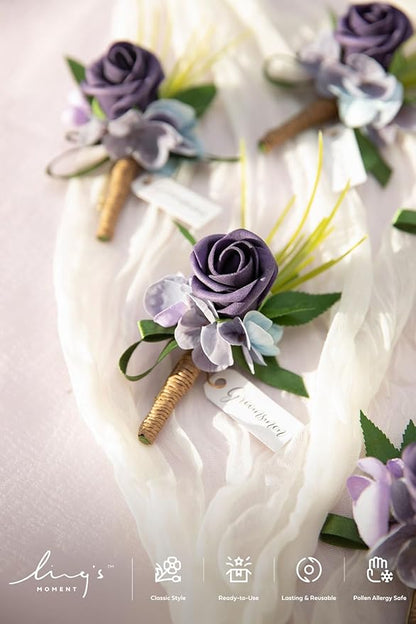 Ling's moment Boutonniere for Men, 6pcs Groom Groomsmen Boutonniere, Artificial Flowers for Wedding Decor/Prom/Homecoming, etc.Purple