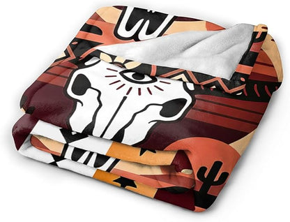 Western Boho Bull Skull Blanket Southwest Aztec Tribal Southwestern Navajo Throw Blanket Soft Cozy Fleece Fuzzy Stuffed Plush Flannel Gifts for Girls Women Boys Kids Adults 40''x50''