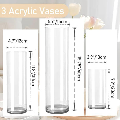 3 Large Acrylic Clear Cylinder Vase Set, 16" 12'' 8'' Tall Floor Large Flower Vase, Unbreakable Plastic Hurricane Vases, Different Size for Living Room, Desk, Wedding Centerpieces Flower Bouquet Décor
