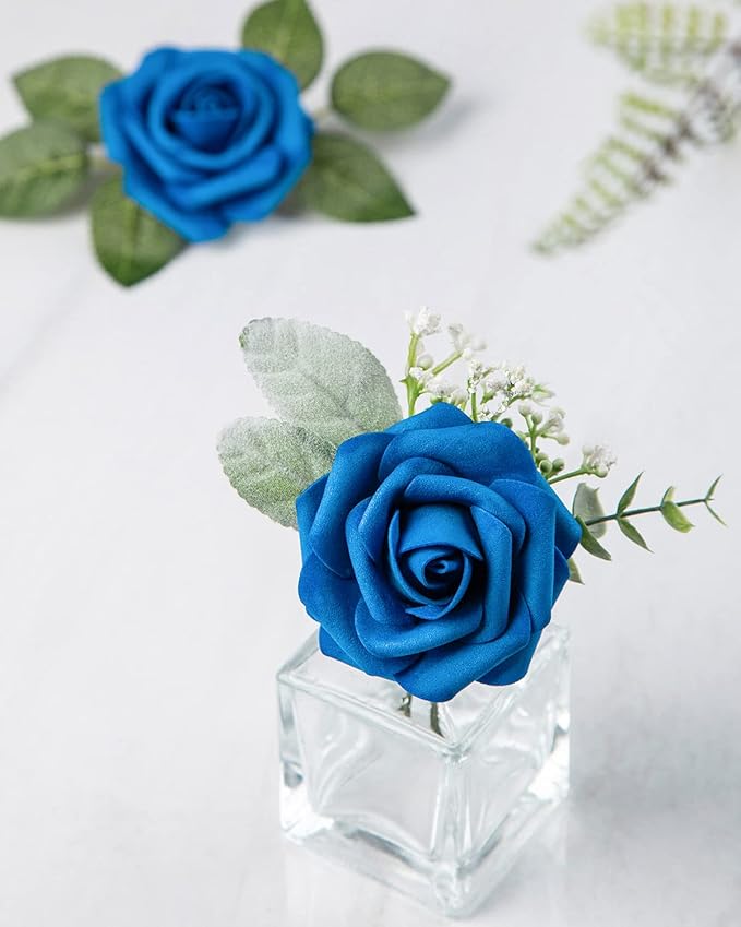 DuHouse 25Pcs Artificial Roses Flowers Fake Roses with Stems Real Touch Foam Flowers for DIY Wedding Bouquet Baby Shower Centerpiece Floral Arrangement Party Home Decor(Royal Blue)