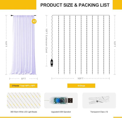 Tulle Curtain Backdrop with 300 LED Fairy Lights for Parites Wrinkle-Free Sheer Curtain Drapes Photo Back Drop for Wedding Baby Shower Bridal Shower Birthday Home Décor - 10ft×10ft, Lavender