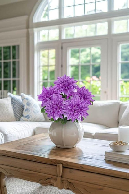 Hollyone Purple Artificial Dahlia Flowers Bush 7 Heads Silk 15.7" Fake Dahlias Flowers Wedding Bouquets Faux Dahlia Flowers Floral Arrangements for Outdoor Indoor Party Table Centerpieces Home Decor