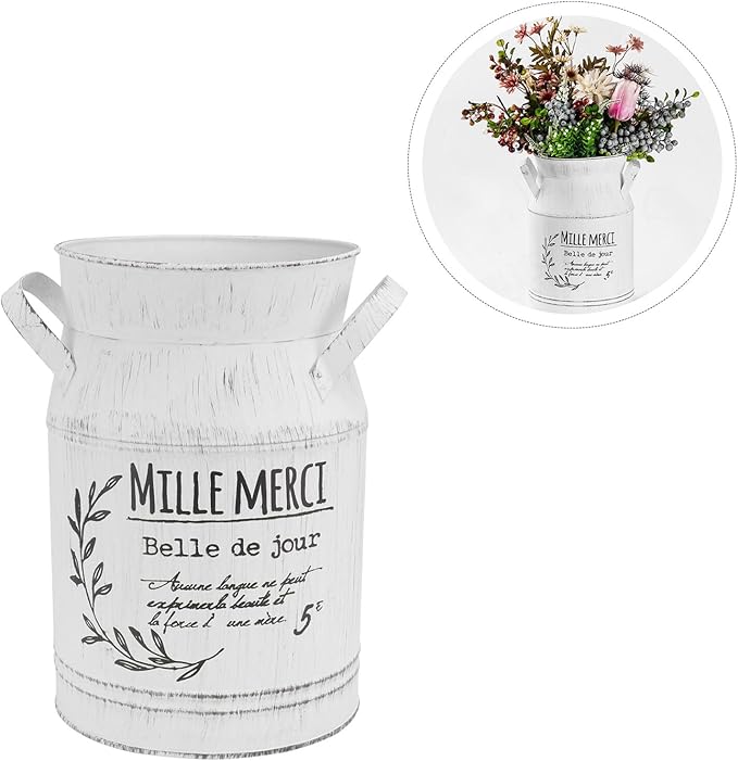 Antique White Galvanized Metal Flower Vase Large Decorative Kettle with Letters Pattern for Desktop Flower Arrangement Home Garden Office Ornament