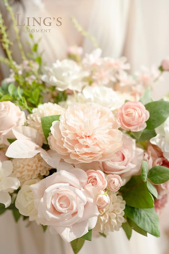 Ling's moment Blush Pink Wedding Bouquets for Bride, Blush and Cream Bridal Bouquets for Bride, 15 Inch Free Form Artificial Wedding Flower Bouquet