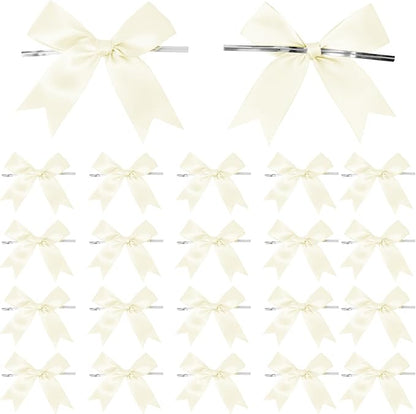 50 Counts Beige Twist Tie Bows 3.1" Pre-Tied Satin Ribbon Bow Decor Mini Twist Tie Bows for Gift Wrapping Treat Bags Cake Bridal Baby Shower Birthday Party Favors Wedding Decorations