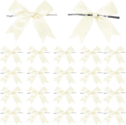 50 Counts Beige Twist Tie Bows 3.1" Pre-Tied Satin Ribbon Bow Decor Mini Twist Tie Bows for Gift Wrapping Treat Bags Cake Bridal Baby Shower Birthday Party Favors Wedding Decorations