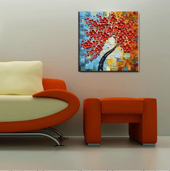YaSheng Art - contemporary artwork handmade Oil Painting On Canvas Red Flowers Paintings Modern Home art wall decor Abstract Art picture Canvas Art Ready to hang 30x30inch