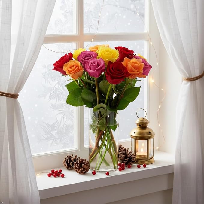 Benchmark Bouquets - 12 Stem Premium Rainbow Roses (Glass Vase Included) - Fresh Flowers for Next Day Delivery - Gift for Christmas, Birthday, Anniversary, Sympathy, Get Well, Congratulations