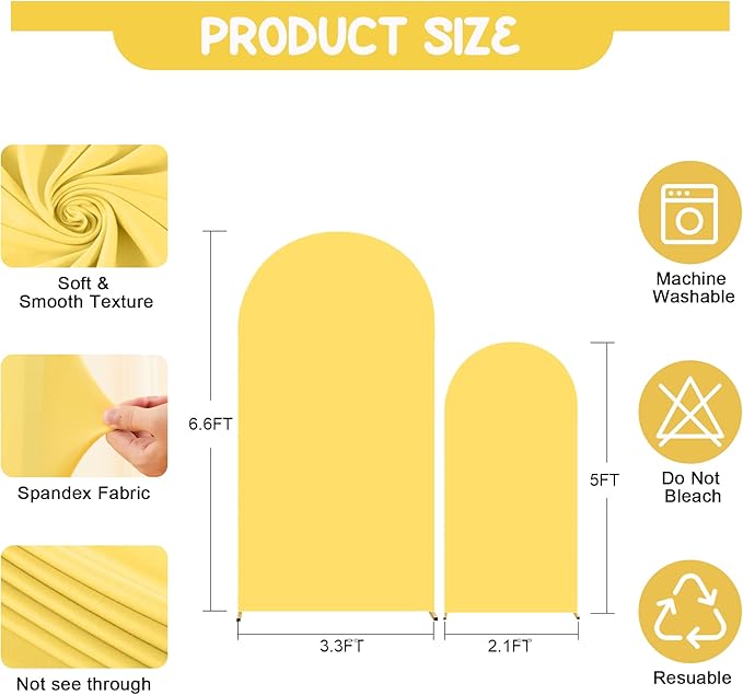 Yellow Arch Backdrop Covers - 6.6FT, 5FT Spandex Fitted Wedding Arch Stand Covers Round Top Chiara Stretchy Arch Backdrop Cover for Wedding Birthday Party Decoration