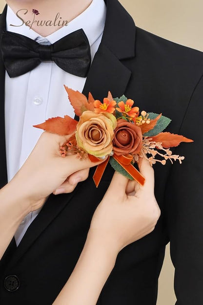 Serwalin Set of 2 Boutonniere for Men, 6-7 Inch Corsage Groom and Best Man Boutonnieres for Wedding Prom Ceremony Anniversary Party Cake Topper (Orange)