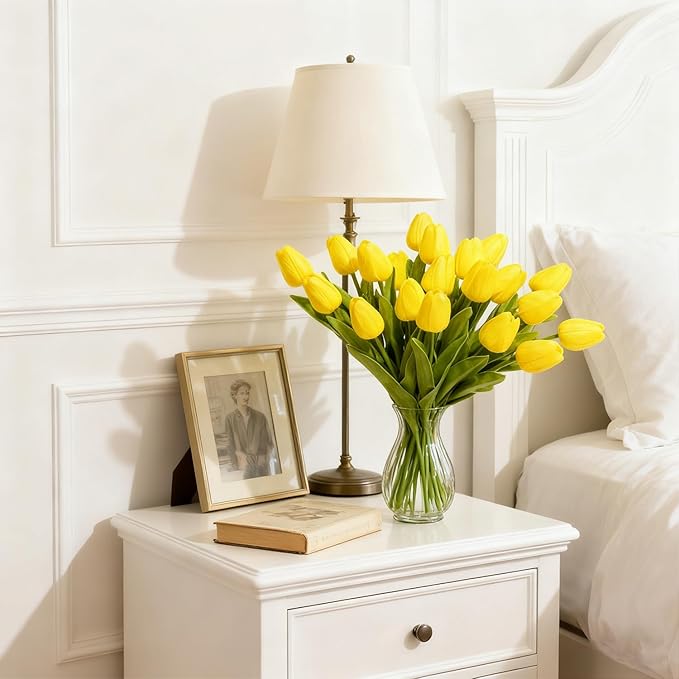 Real Touch Artificial Tulips, 20pcs Fake Tulip Flowers Stem, PU Faux Tulips 13.5” for Mother's Day, Home Decor, Wedding, Easter Valentine's Gift, Table Centerpiece, Floral Arrangements, Yellow