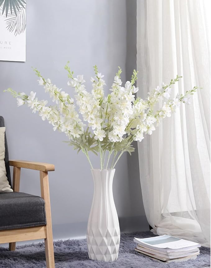 8PCS White Delphinium Artificial Flowers Larkspur Fake Flowers 33.5in Long Stem Faux Silk Flowers Bulk for Tall Vase for Home Wedding Floral Arrangement Centerpiece Table Decorations (White)