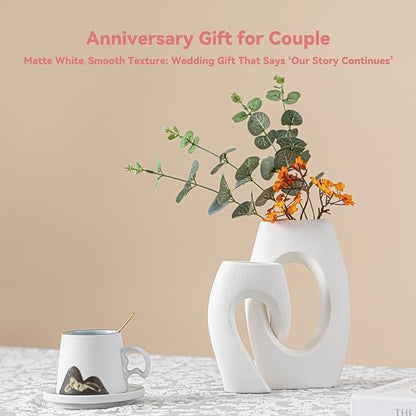 Intertwined Couple Vase Set - 2-Pcs White Ceramic Vases with Loop Design & Wide Rectangular Neck, Romantic Gifts for Couples, Wedding Gift for Couple, Decorative Vase for Living Room
