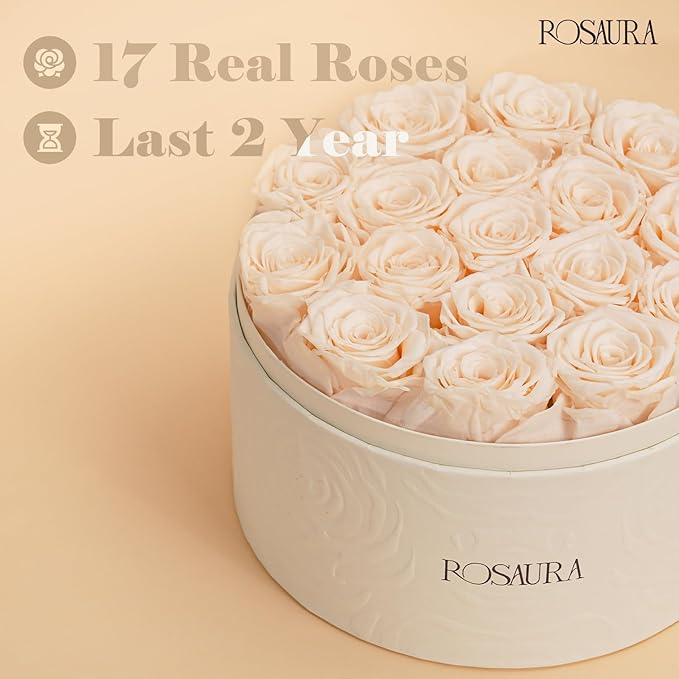 Rosaura Round Preserved Roses Gift Box - Real Forever Flowers for Birthday, Valentine's & Mother's Day (Champagne, 17 Roses)