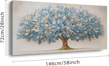 Blue Tree of Life Canvas Wall Art Nature Blue Gold Leaf Abstract Tree Canvas Painting Textured Pictures, Modern Large Panoramic Landscape Ready for Living Room Bedroom Office Home Décor 58L" x 28W"
