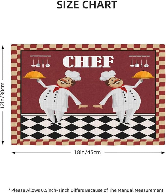 Chef Kitchen Linen Placemats Set of 6 Funny Fat Chef Red Plaid Placemats for Indoor Outdoor Party Home Desktop Dining Room Decor 12x18 Inch