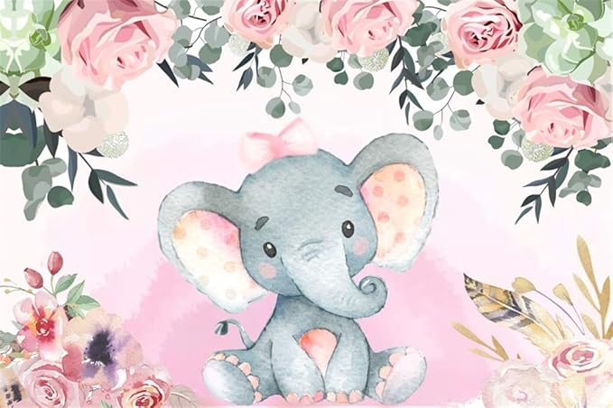 AOFOTO 12x8ft Pink Flowers Elephant Baby Shower Backdrop for Girl Sweet Floral Gender Reveal Background for Photography Kids Infant Birthday Party Banner Cake Table Decoration Photo Studio Props Vinyl